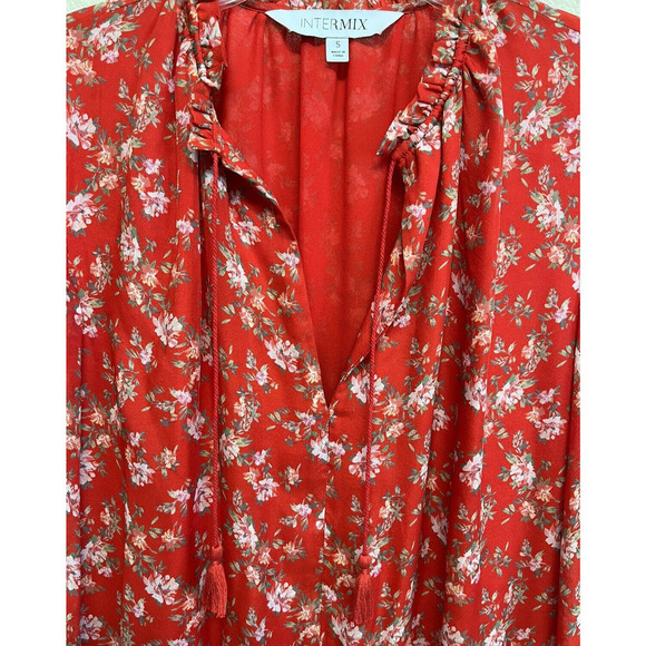 INTERMIX Red Floral Silk Mini Dress Size S Long Sheer Sleeves Tassels - Picture 4 of 10